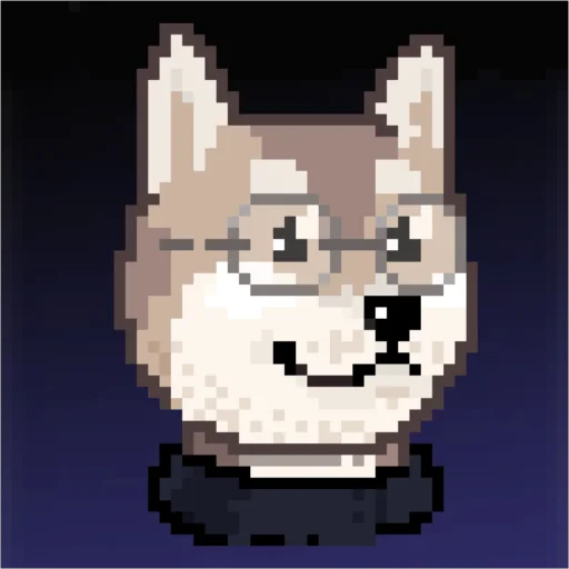 Пиксельная собачка с очками на градиентном фоне от чёрного до светло-фиолетового